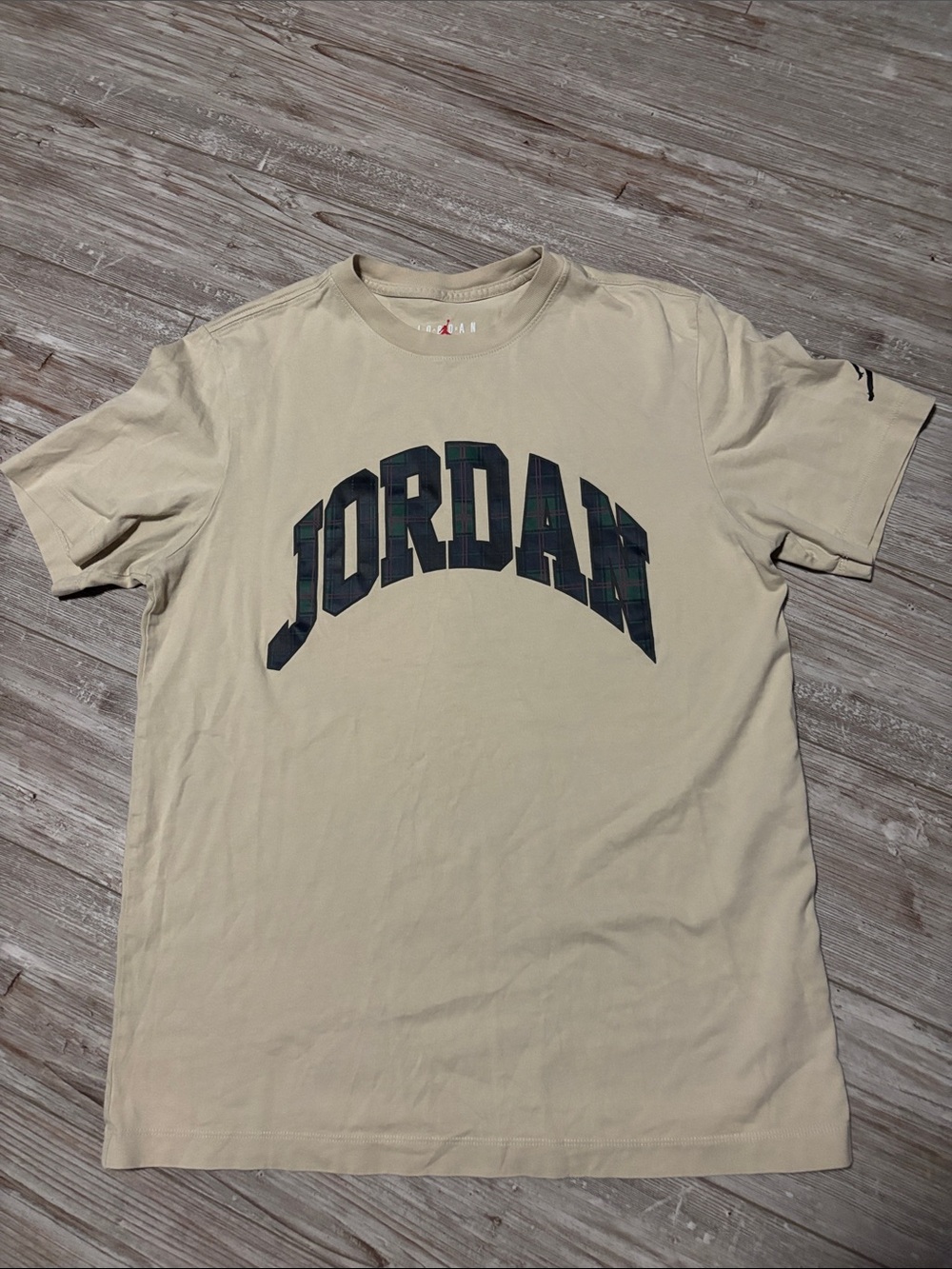 Jordan Short-Sleeve Logo Tee in Light Tan with Dark Plaid Print